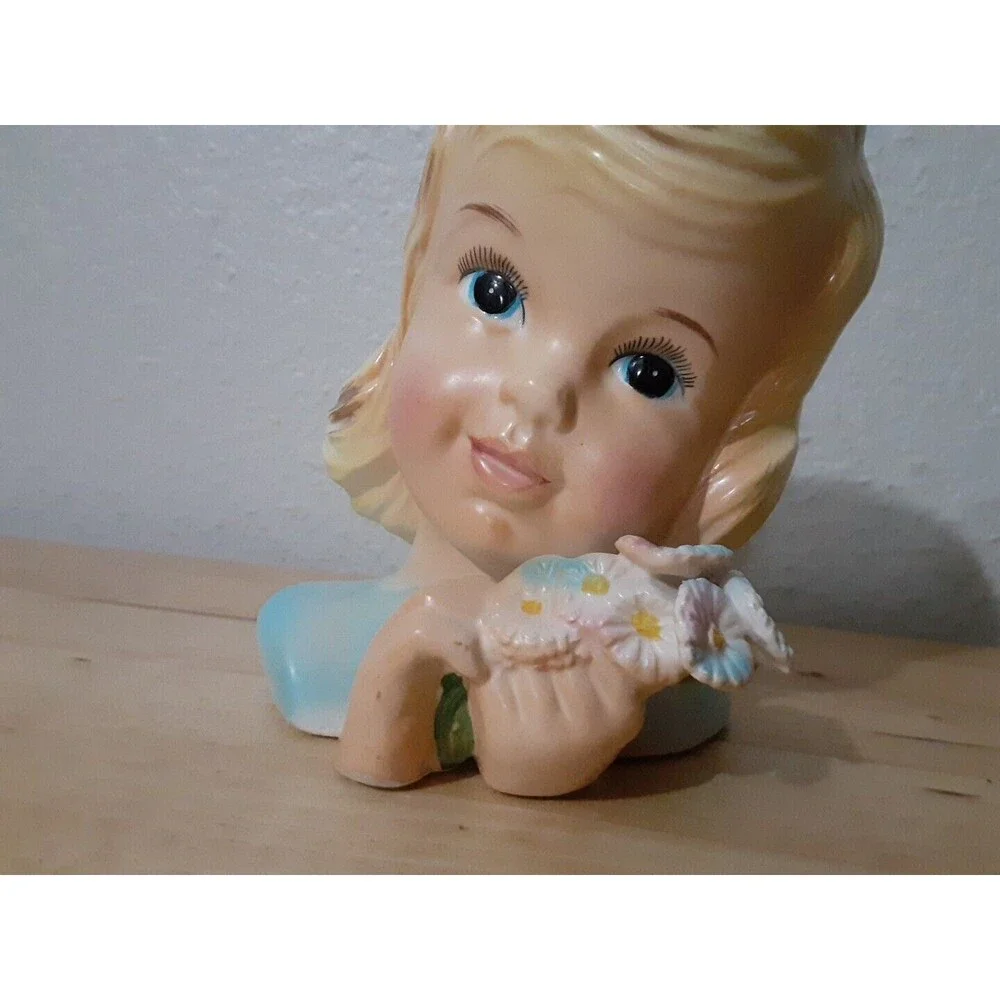 VTG Rare Enesco 1950's Delsey Tissue Girls Headvase 6